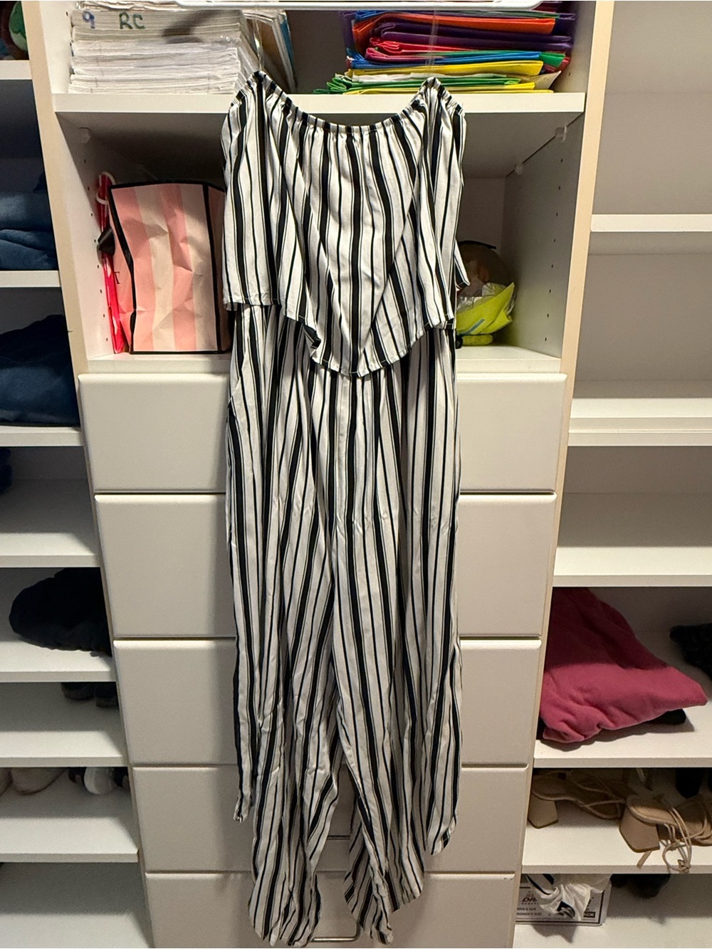 Savanna Jane Black and White Vertical Stripe Off-Shoulder Jumpsuit
